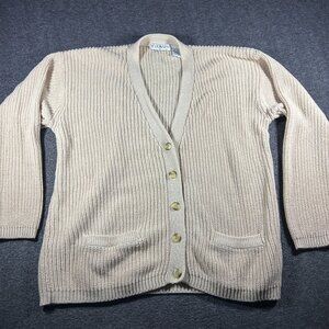Vintage 80s Chaus Woman Beige Cream Ribbed Knit Cardigan Sweater Sz Med